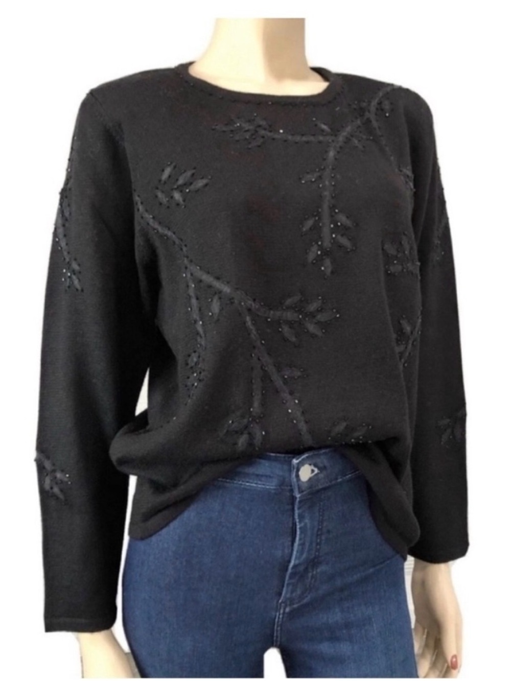 Alfred Dunner Black Beaded Crewneck Sweater